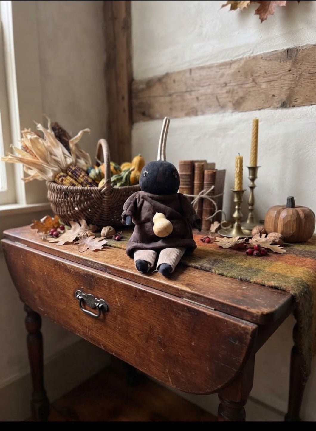 Primitive Handcrafted USA Small Black Pumpkin Boy Doll w/ Gourd 9"