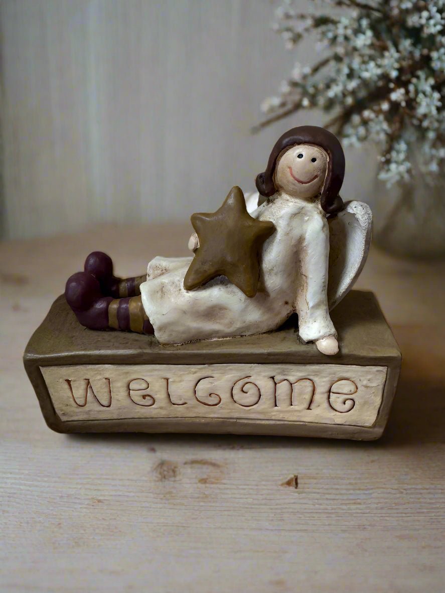 Primitive Welcome Angel Block Figurine Shelf Sitter Clearance - The Primitive Pineapple Collection