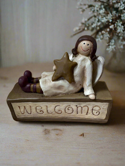 Primitive Welcome Angel Block Figurine Shelf Sitter Clearance - The Primitive Pineapple Collection