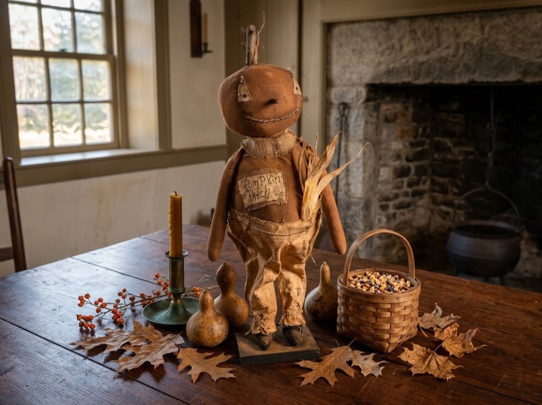 Primitive Handcrafted Halloween Buster Pumpkin Man Doll on Stand 25" | Folk Art - The Primitive Pineapple Collection