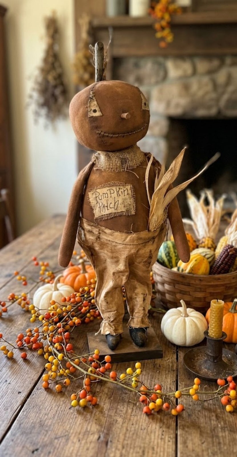 Primitive Handcrafted Halloween Buster Pumpkin Man Doll on Stand 25" | Folk Art - The Primitive Pineapple Collection