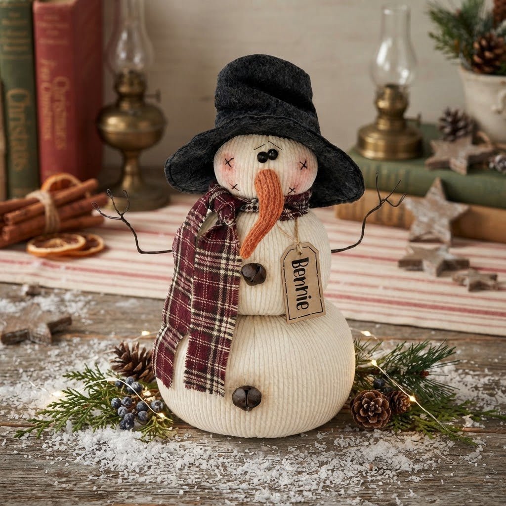 Honey and Me Bennie the Snowman 11" Primitive Christmas Shelf Sitter - The Primitive Pineapple Collection