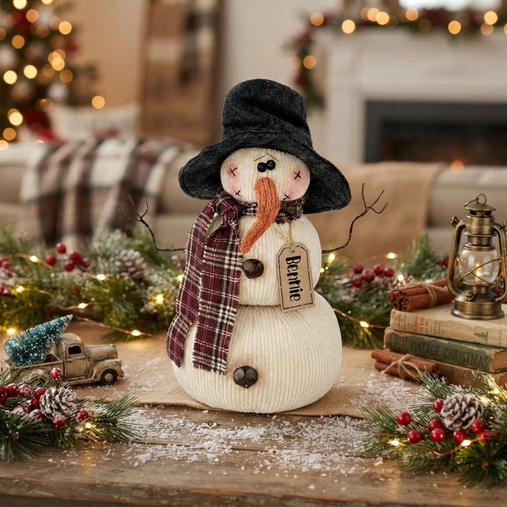 Honey and Me Bennie the Snowman 11" Primitive Christmas Shelf Sitter - The Primitive Pineapple Collection