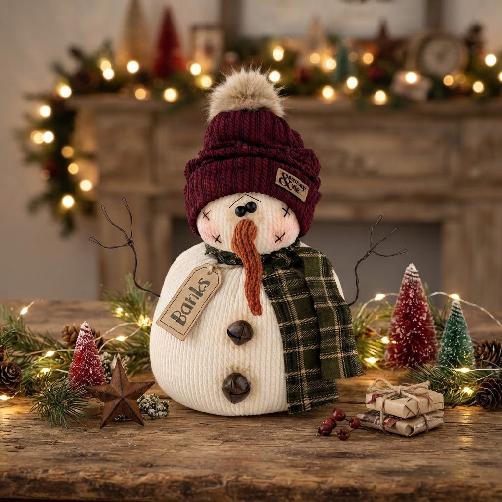 Honey and Me Banks the Snowman – 9" Primitive Christmas Shelf Sitter - The Primitive Pineapple Collection