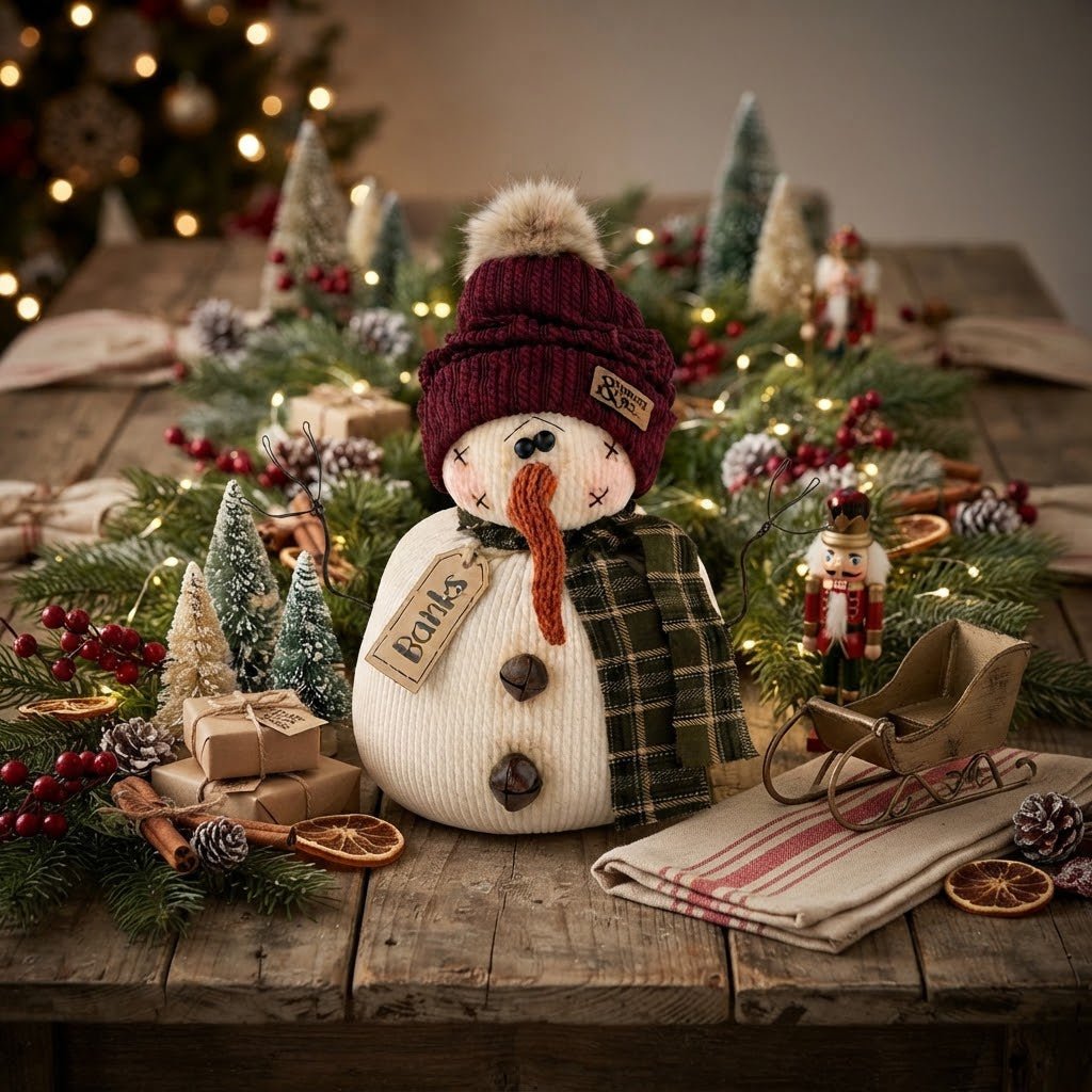 Honey and Me Banks the Snowman – 9" Primitive Christmas Shelf Sitter - The Primitive Pineapple Collection
