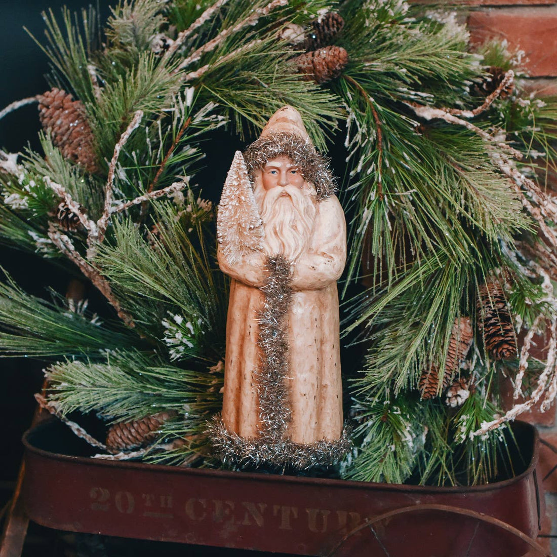 Ragon House Christmas 14" Vintage White Belsnickle with Bottle Brush Tree - The Primitive Pineapple Collection