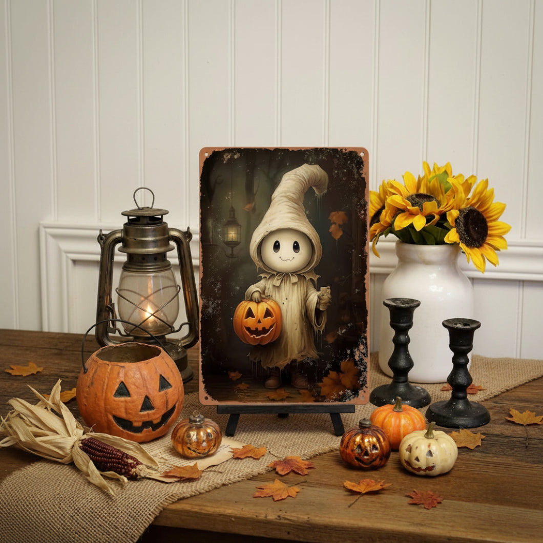 Primitive Halloween Cute Ghost with Pumpkin 12x8 Metal Sign