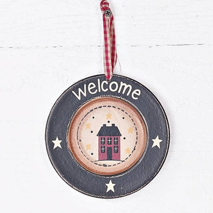 Primitive Christmas 6&quot; Wood Welcome Saltbox House Wood Plate Ornament