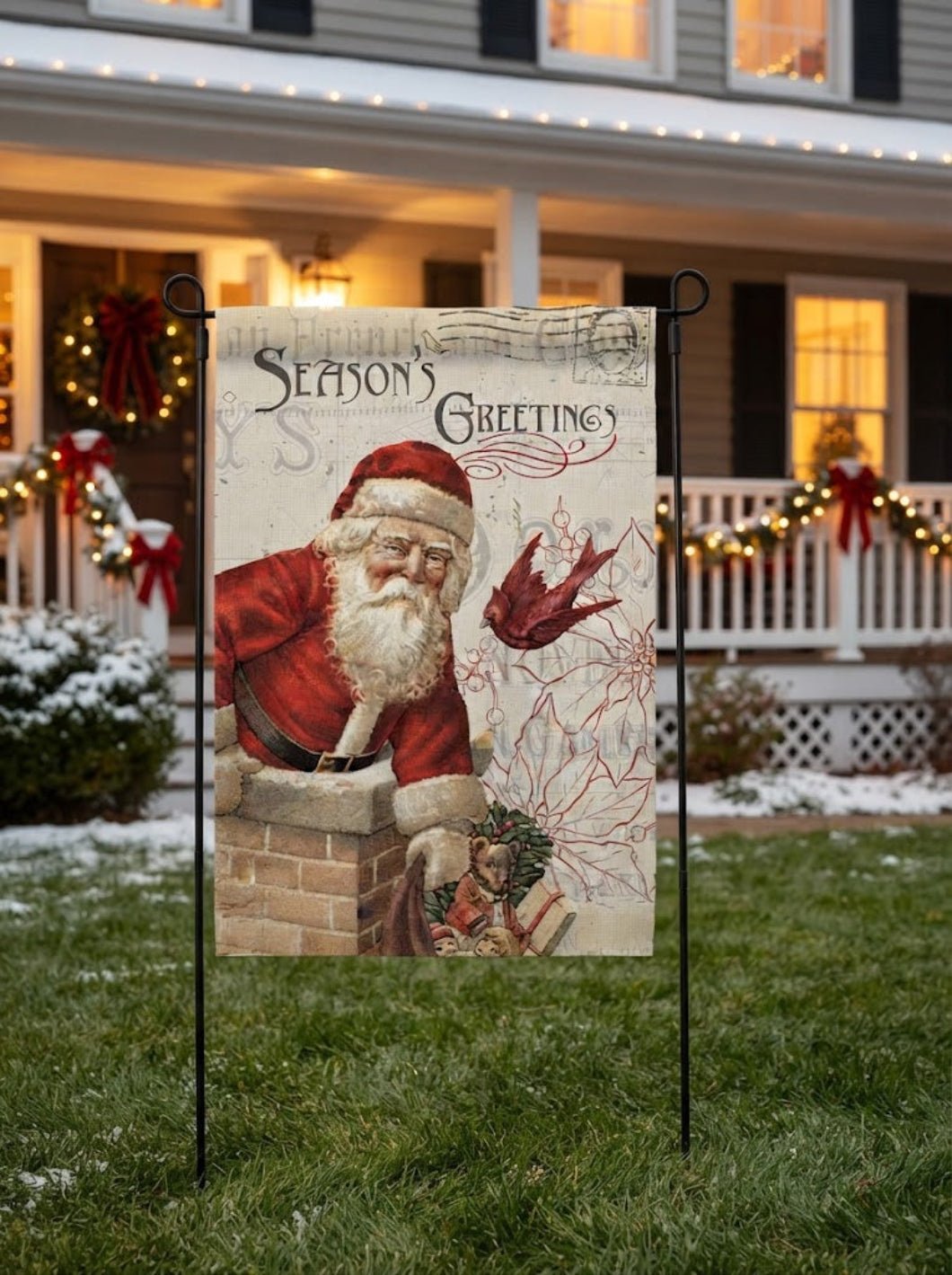 Christmas Antique Santa Season Greetings Decor Flag - The Primitive Pineapple Collection