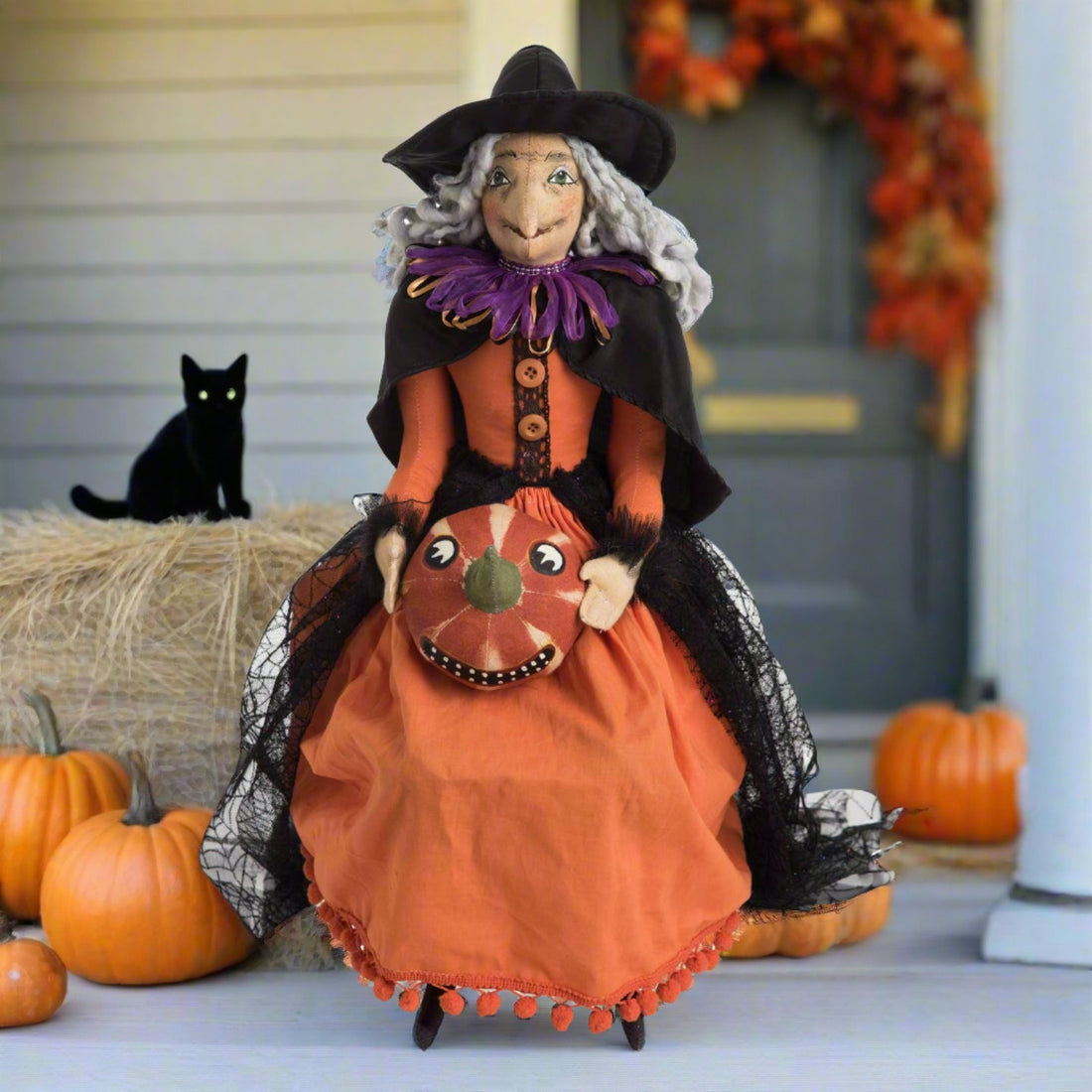 Folk Art Halloween Gilda Witch with Jack O Lantern Joe Spencer 19" Doll - The Primitive Pineapple Collection