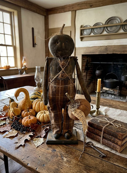 Primitive Handcrafted Halloween Casper Pumpkin Man Doll on Stand 20" | Folk Art
