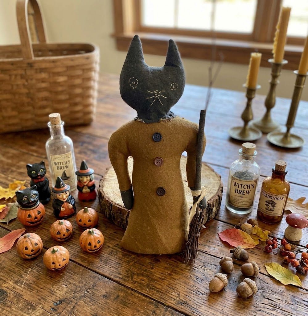 Primitive Halloween Abigail Kitty Cat Stump Doll w/ Broom 16" - The Primitive Pineapple Collection