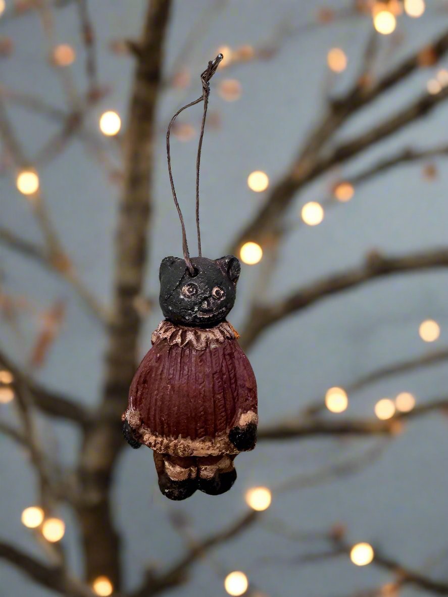 Primitive Halloween Fall Handcrafted USA Black Cat Ornament 3&quot;