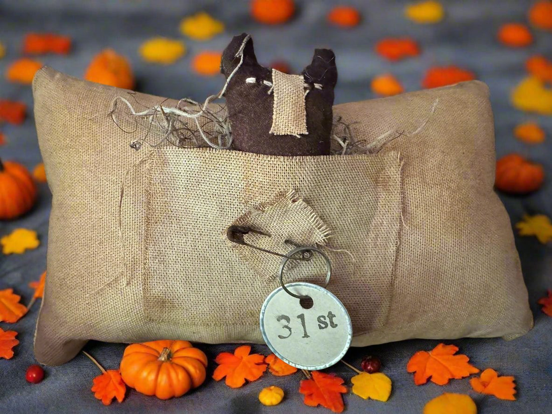 Primitive Handcrafted Fall Halloween Black Kitty Pillow Tuck 9” x 5" - The Primitive Pineapple Collection
