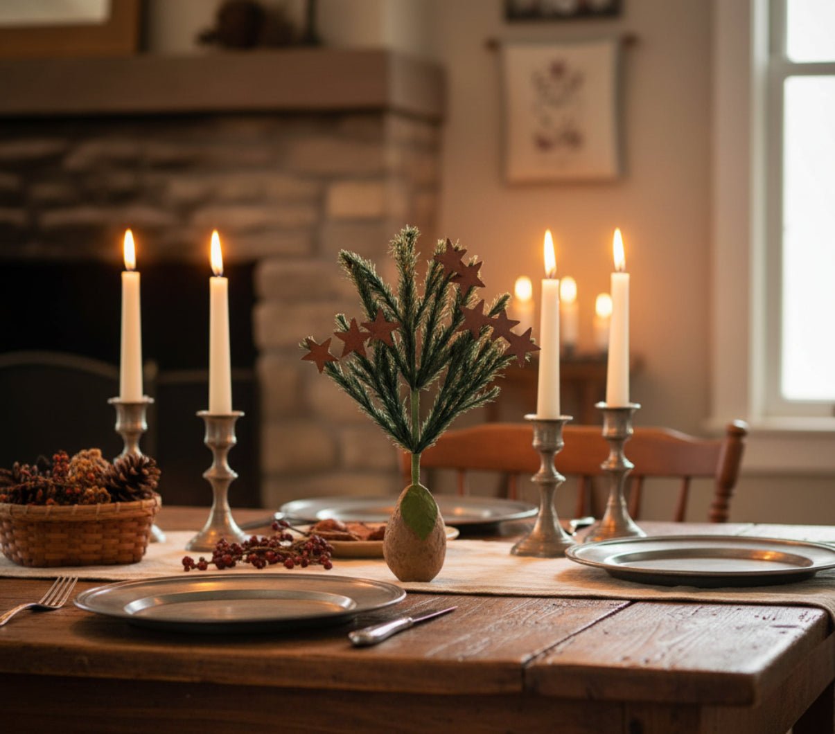 Primitive Colonial Christmas 11&quot; Paper Mache Pear w/Feather Tree Rusty Stars - The Primitive Pineapple Collection