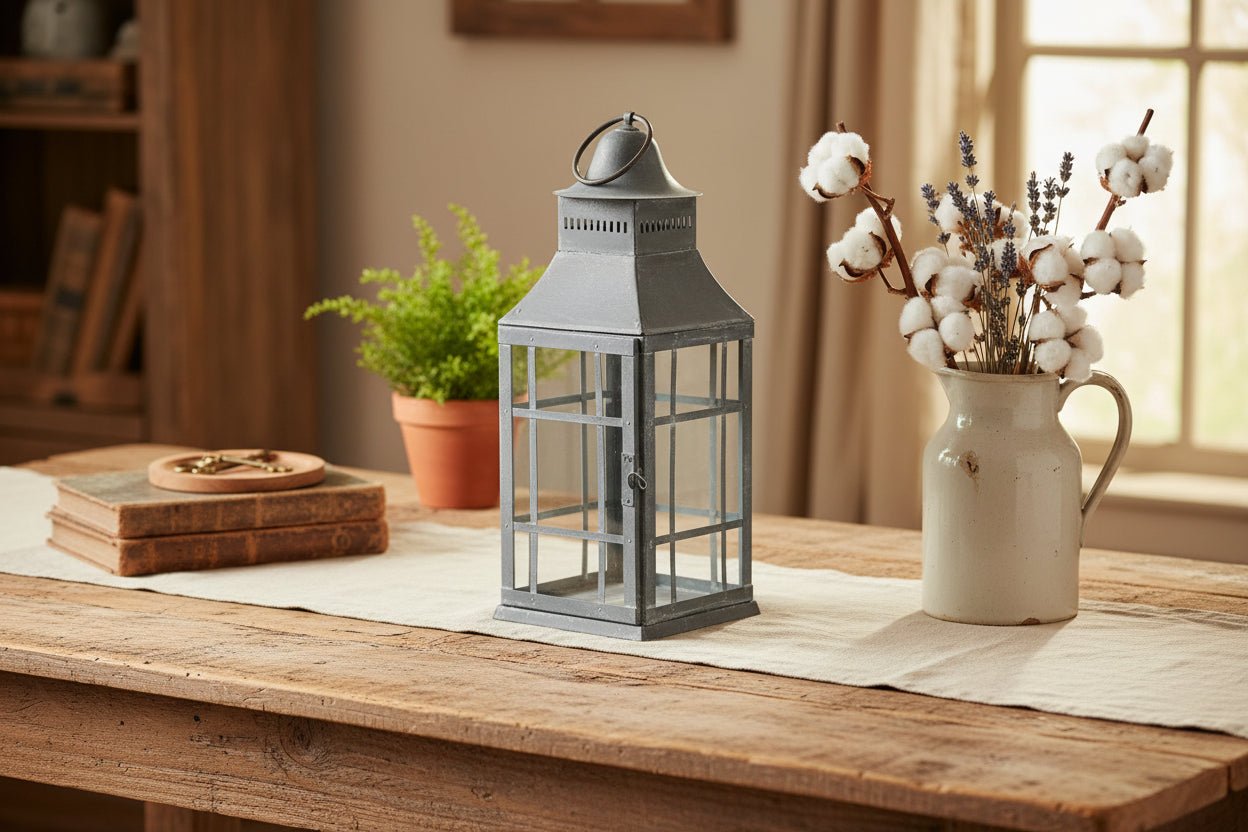 Primitive Country Centerpiece Candle Lantern in Weathered Zinc - The Primitive Pineapple Collection