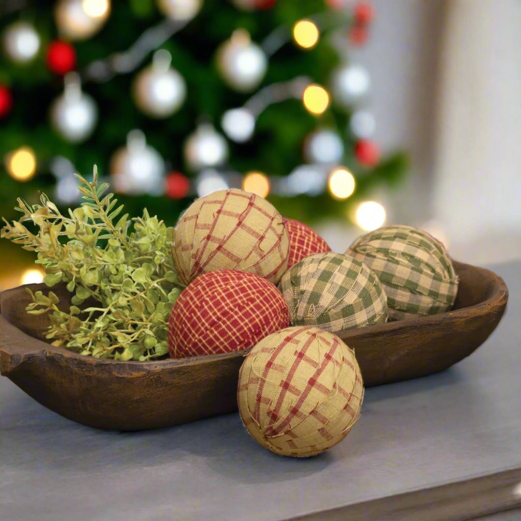 Primitive 6 pc 2.5" Red/Green Gingham Rag Balls Bowl Filler - The Primitive Pineapple Collection