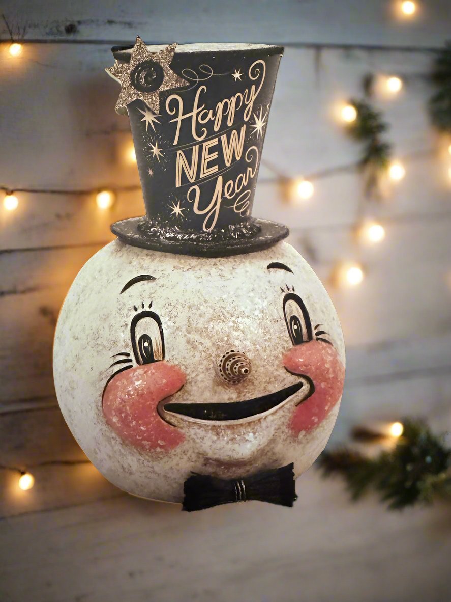 Handcrafted Christmas Retro Johanna Parker &quot;Happy New Year&quot; Snowman Wood Cutout 10&quot;