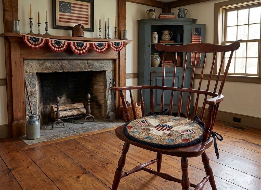 Sweet Land of Liberty Hooked Chair Pad - 14.5" Primitive Americana Decor - The Primitive Pineapple Collection