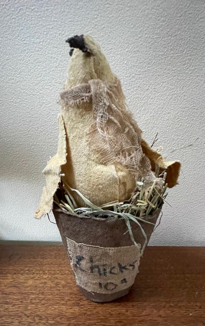 Primitive Handmade USA Spring/Easter Rustic Chick in Peat Pot 7&quot;
