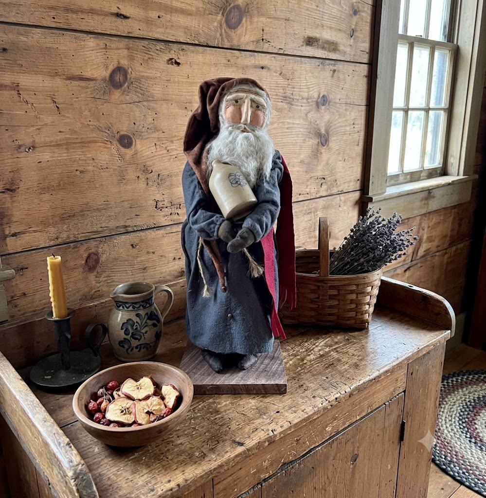 Handcrafted by Michelle Early American Blue Suit Santa w/Crock Clay Face Doll Stand 19" - The Primitive Pineapple Collection