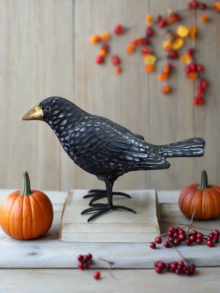 Primitive Halloween Fall Black Crow with Gold Beak and Metal Feet Figurine - The Primitive Pineapple Collection