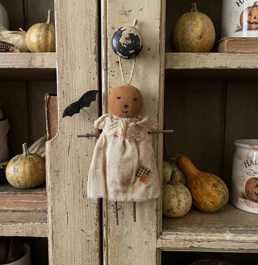 Primitive Halloween Patches Pumpkin Girl w/ Bat Ornament 6.5" Hanging