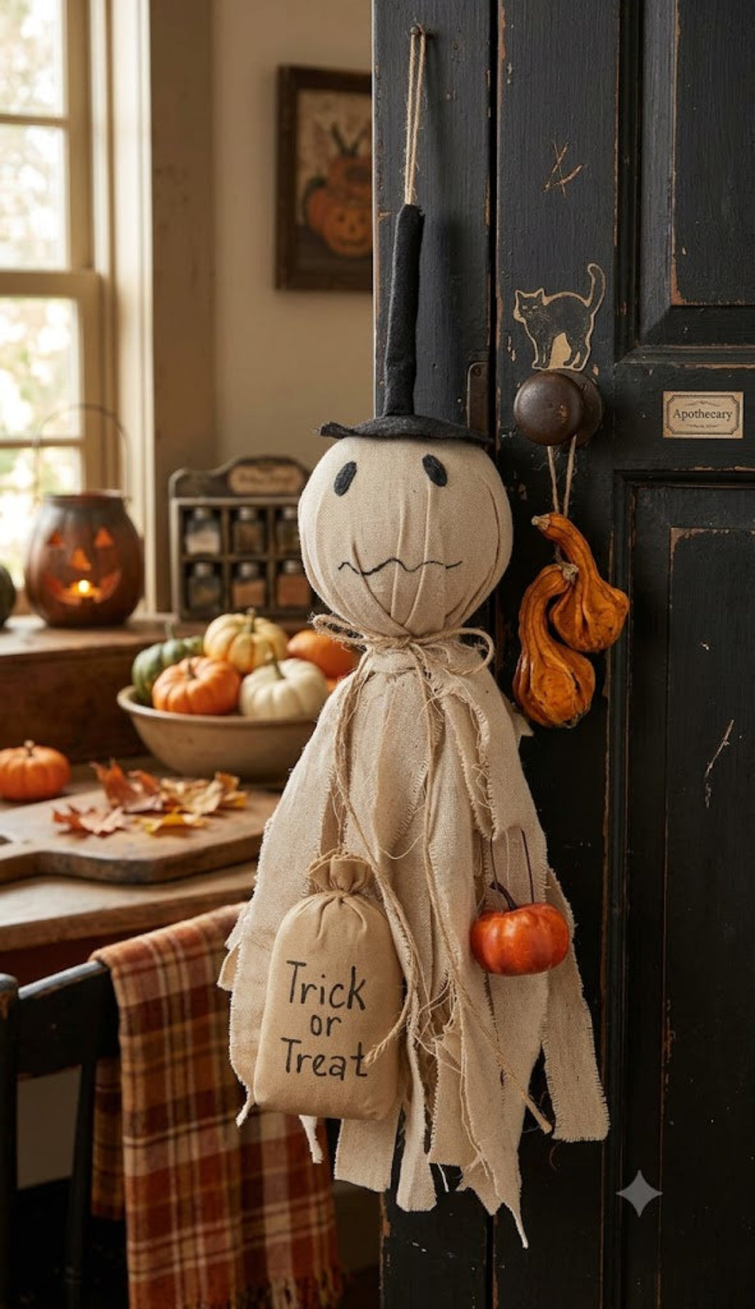 Primitive Halloween 14" Trick Or Treat Ghost Hanger with Pumpkin