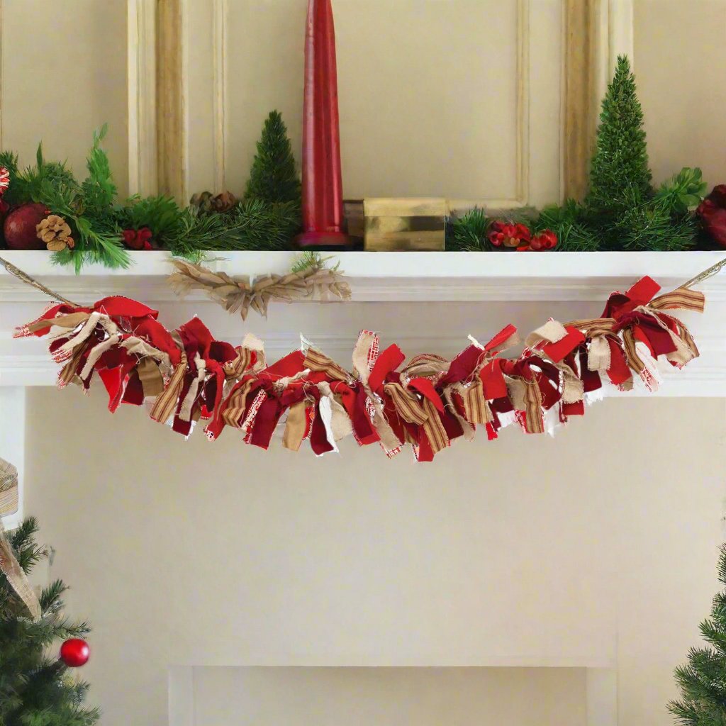 Primitive Christmas Candy Cane Rag Garland 28&quot;