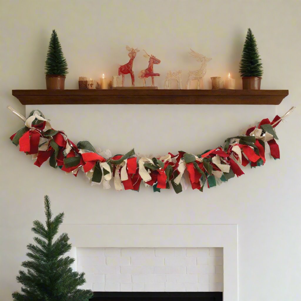 Primitive Christmas Red, Green and White Rag Garland 28&quot;