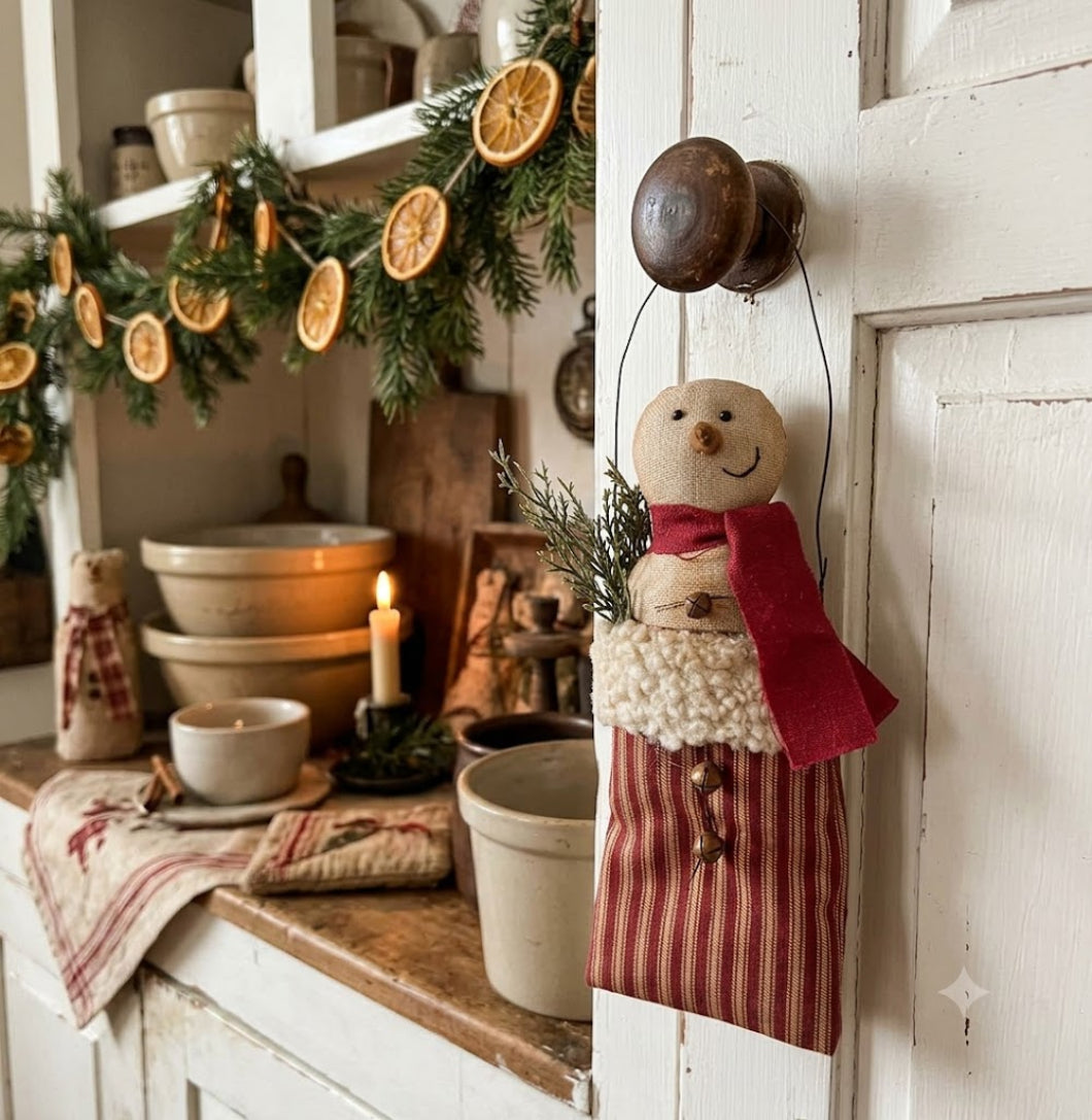 Christmas Stuffed Jingle Snowman w/Pine In Ticking Stripe Sack Hanger