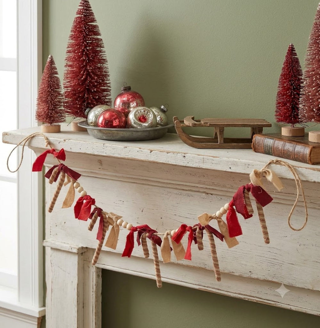 Primitive Christmas Candy Cane Rag &amp; Bead Garland 36"