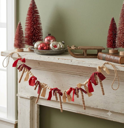Primitive Christmas Candy Cane Rag &amp; Bead Garland 36"