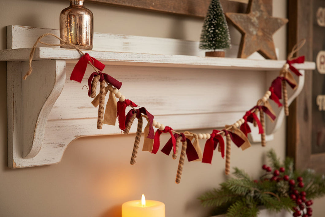 Primitive Christmas Candy Cane Rag &amp; Bead Garland 36"