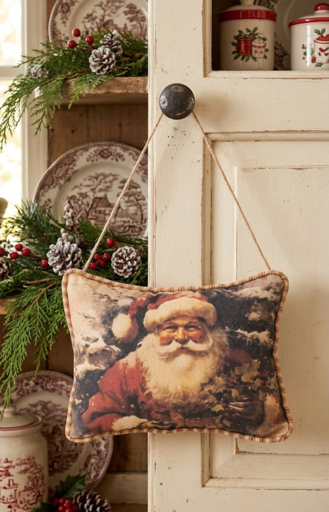 Vintage Look Christmas Olde Thyme Santa in the Forest Hanging Pillow