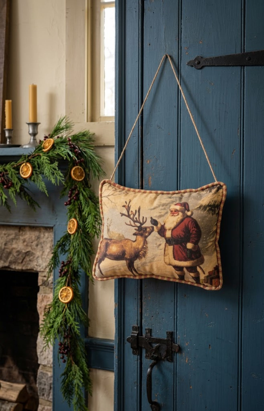 Vintage Look Christmas Olde Thyme Santa Feeding Reindeer Hanging Pillow