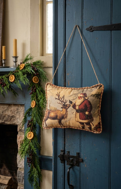 Vintage Look Christmas Olde Thyme Santa Feeding Reindeer Hanging Pillow