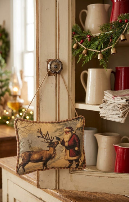Vintage Look Christmas Olde Thyme Santa Feeding Reindeer Hanging Pillow