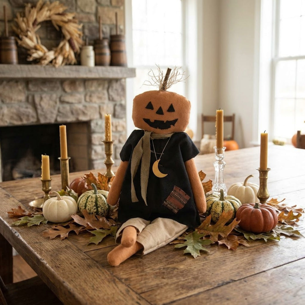 Primitive Fall Halloween Pumpkin Doll with Moon Necklace - 23.5"H