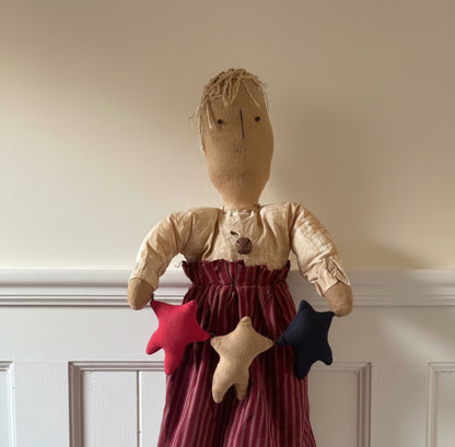 Primitive Handcrafted Patriotic Americana Annie Doll w/ Stars 24"