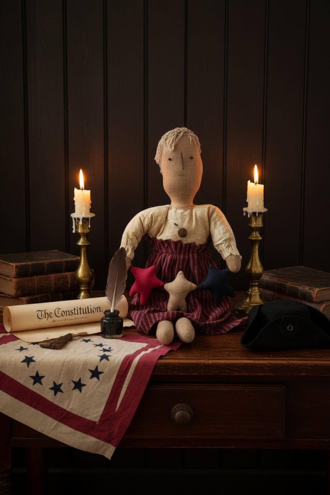 Primitive Handcrafted Patriotic Americana Annie Doll w/ Stars 24"