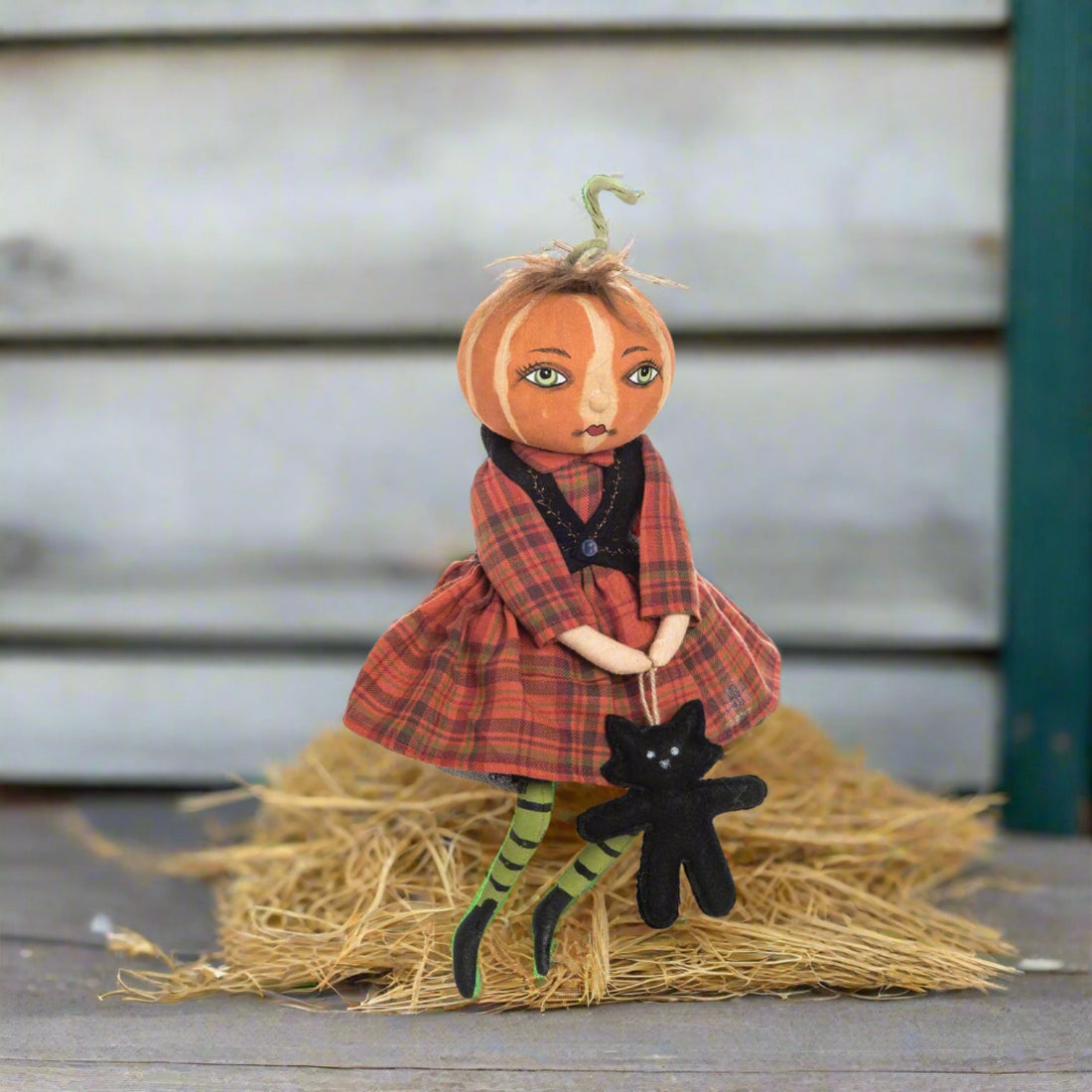 Halloween Folk Art Joe Spencer Nelly Pumpkin Bow w/ Cat Doll - The Primitive Pineapple Collection
