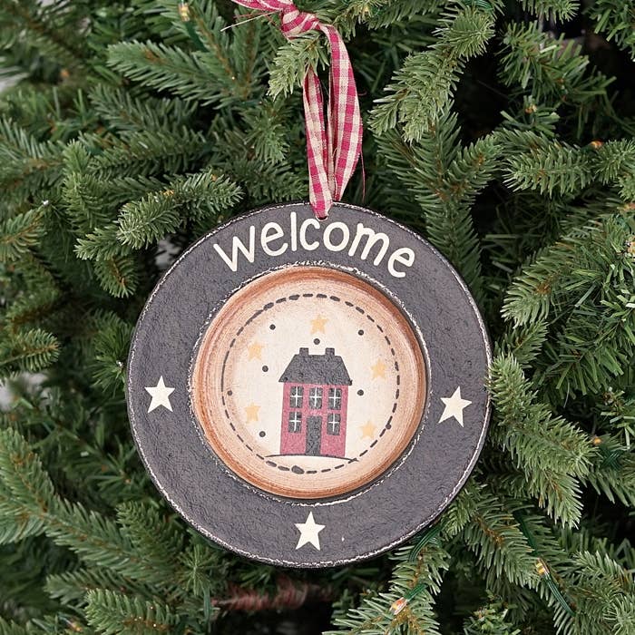 Primitive Christmas 6&quot; Wood Welcome Saltbox House Wood Plate Ornament