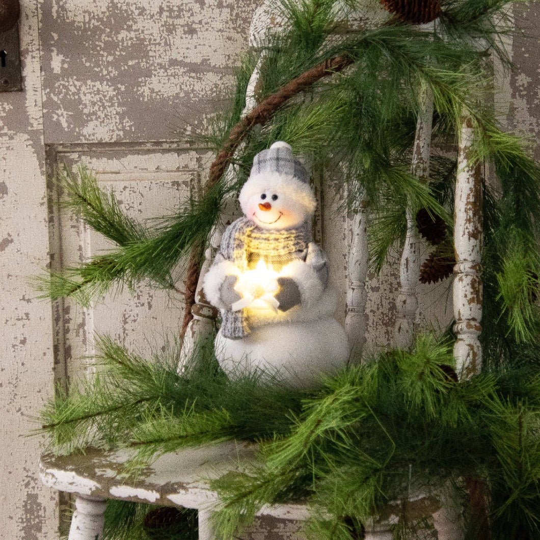 Primitive Christmas Gray Plaid Snowman Holding Light Up Candle - The Primitive Pineapple Collection