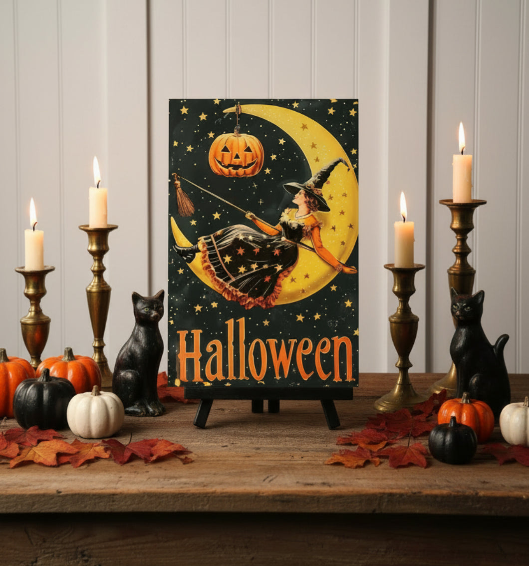 Primitive Happy Halloween Witch Crescent Moon 12x8" Metal Sign