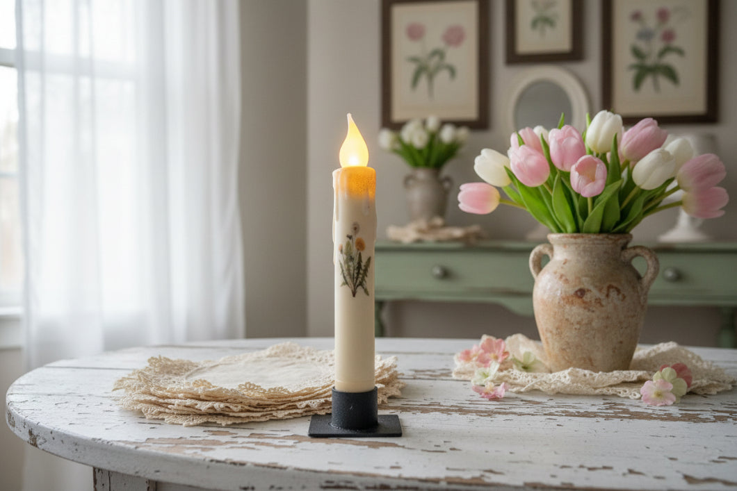 Primitive Handcrafted Spring Summer 7"Dandelion Flowers Led Timer Taper Candle - The Primitive Pineapple Collection