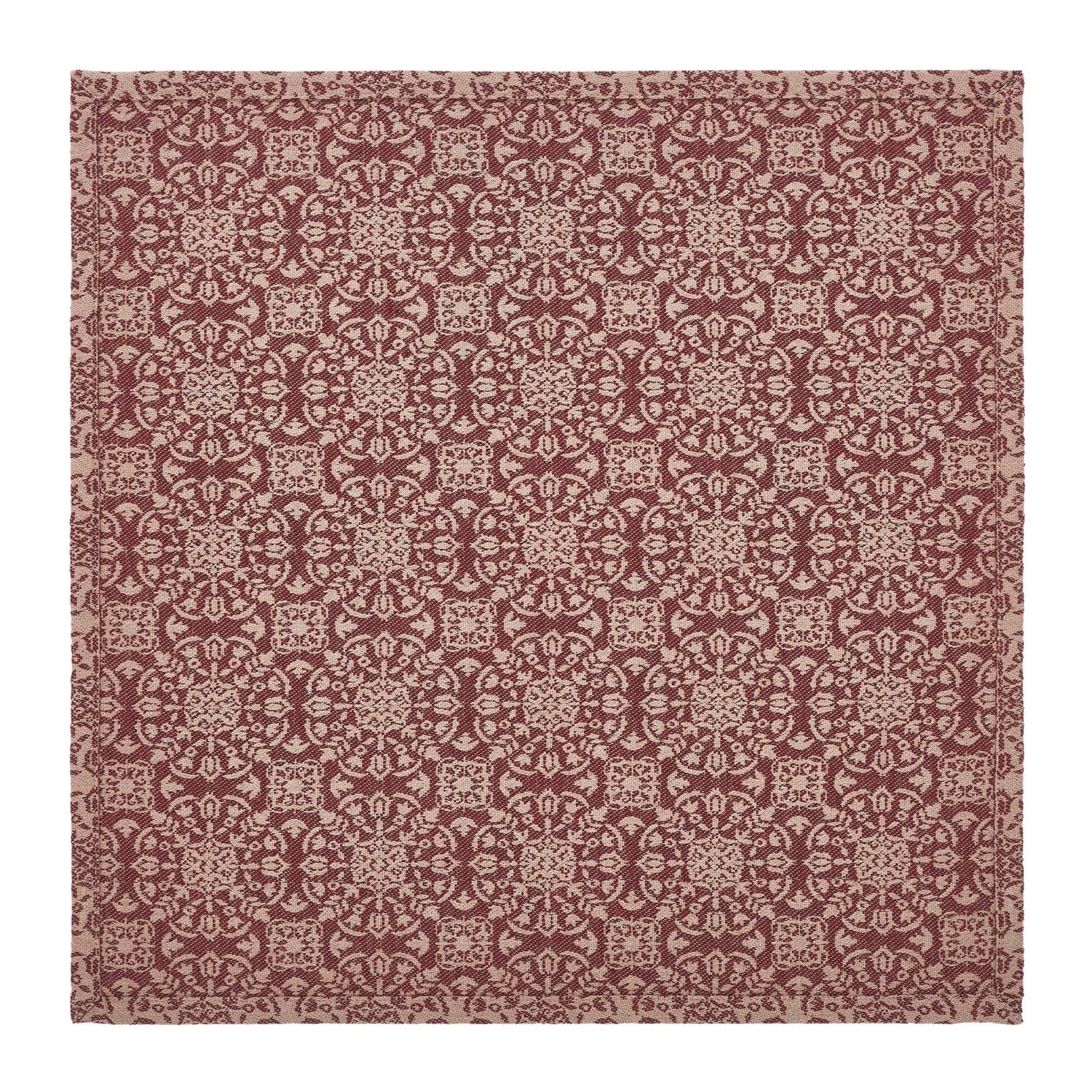 Farmhouse Burgundy Tan Jacquard Table Topper 20x20 - The Primitive Pineapple Collection