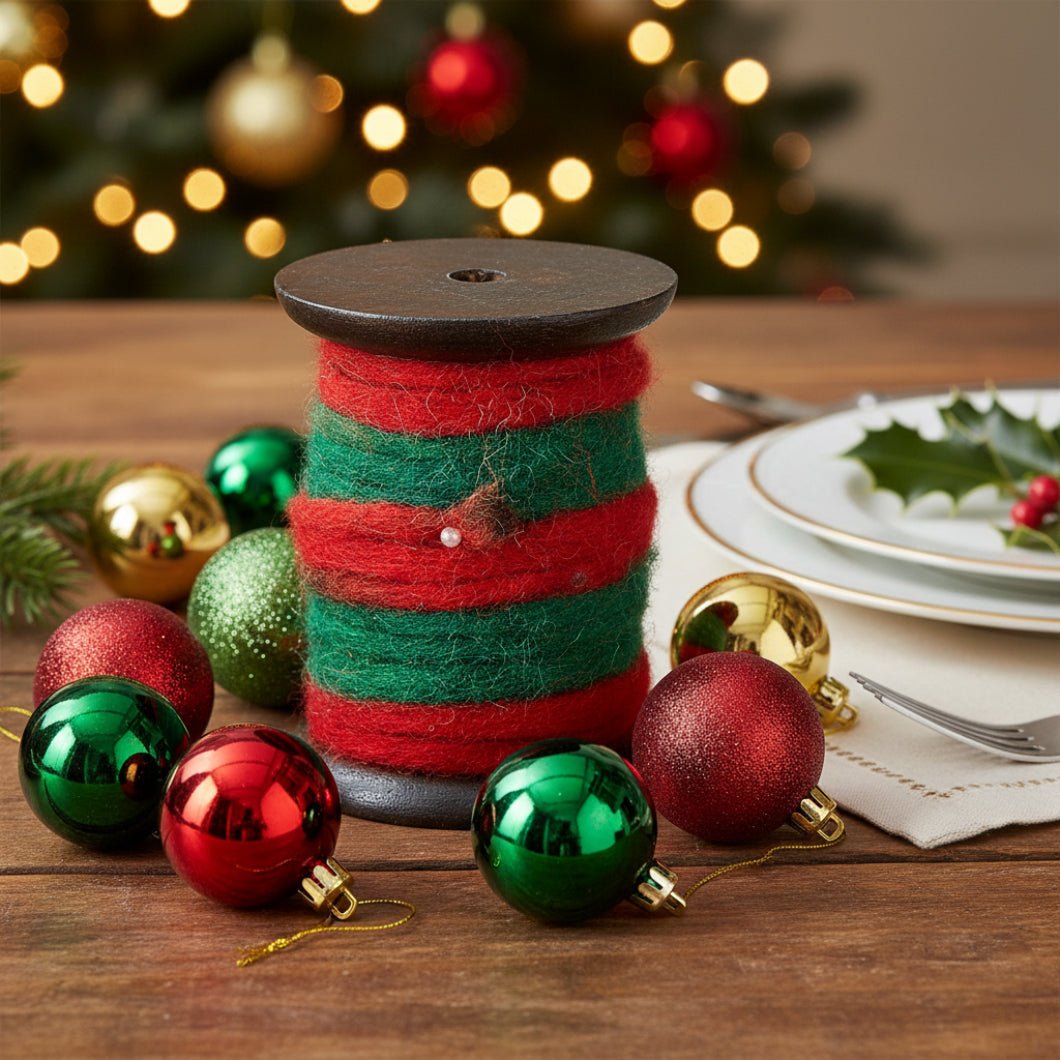 Primitive Christmas Red and Green Wooly Fleece Ribbon Spool - The Primitive Pineapple Collection