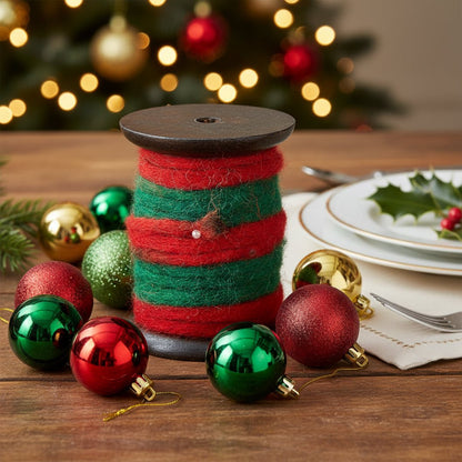 Primitive Christmas Red and Green Wooly Fleece Ribbon Spool - The Primitive Pineapple Collection