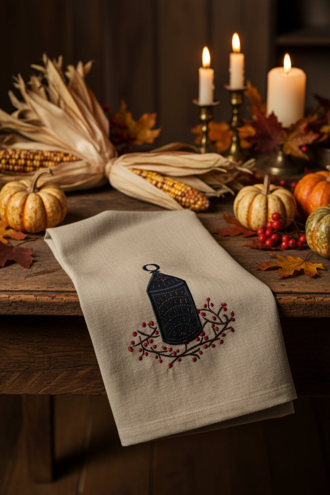 Primitive Farmhouse Punched Lantern w/ Bittersweet Towel